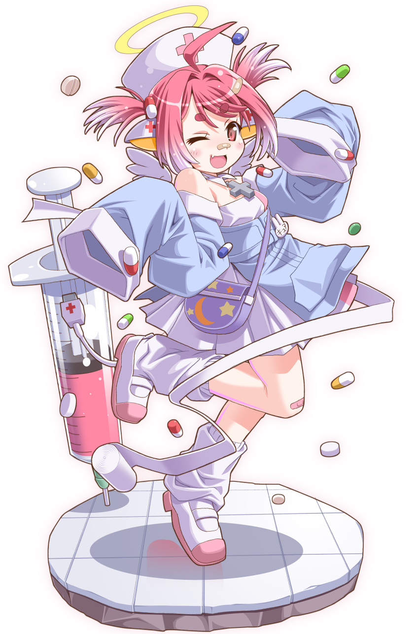 1girl, absurdres, ahoge, angel_wings, apron, bag, bandaid, bandaid_hair_ornament