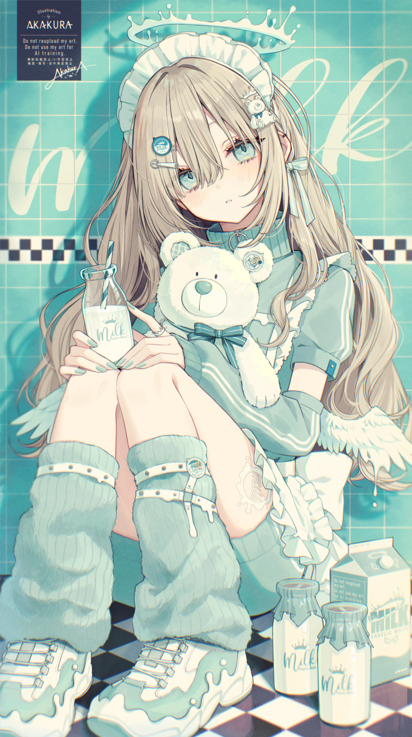 1girl, akakura, aqua_eyes, aqua_leg_warmers, aqua_nails, aqua_theme, artist_name, bottle