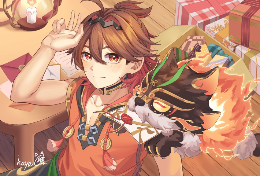 1boy, black_pants, box, brown_eyes, brown_hair, candle, closed_eyes, desk