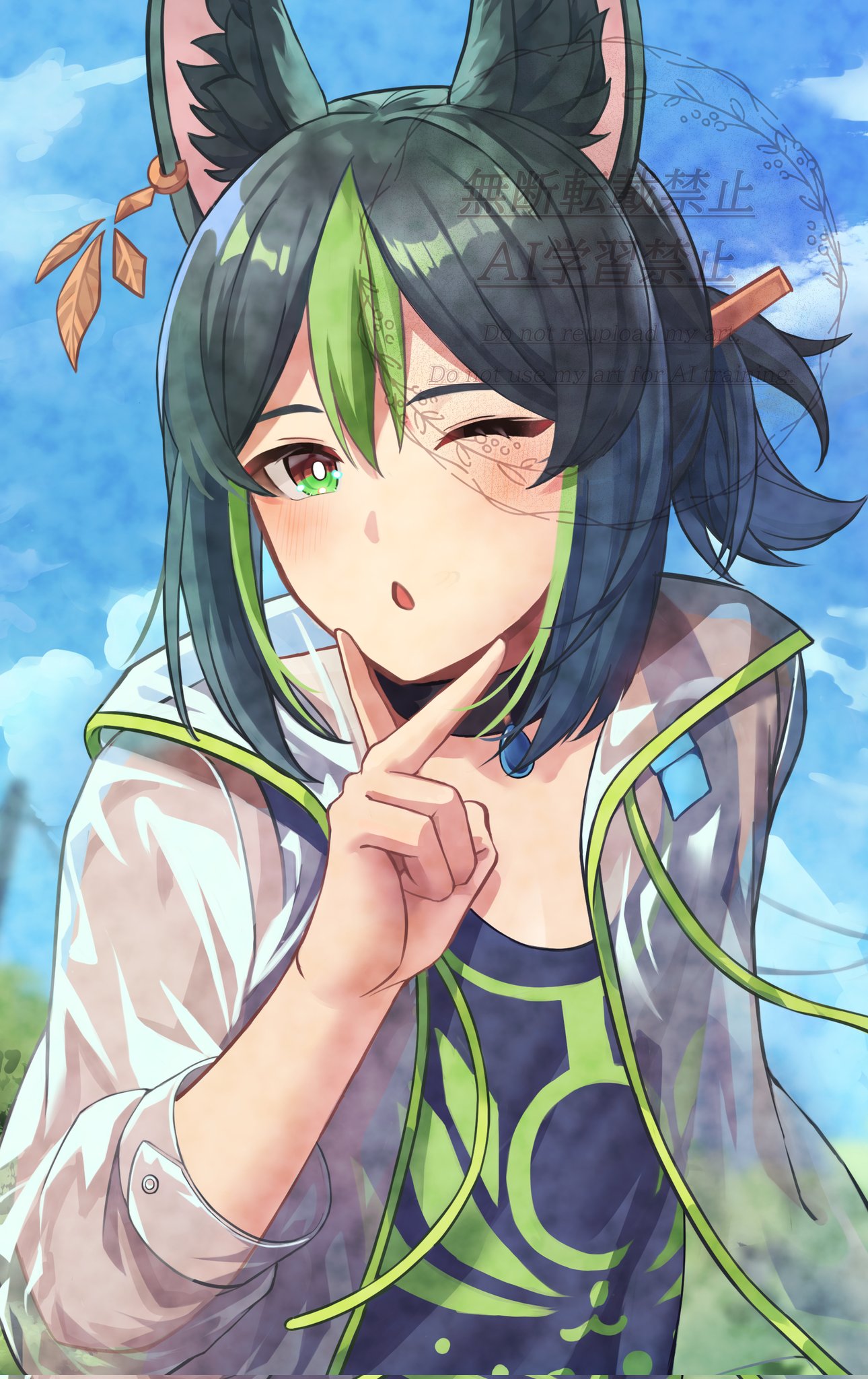 1boy, alternate_costume, animal_ear_fluff, animal_ears, black_hair, black_tank_top, earrings, fox_boy