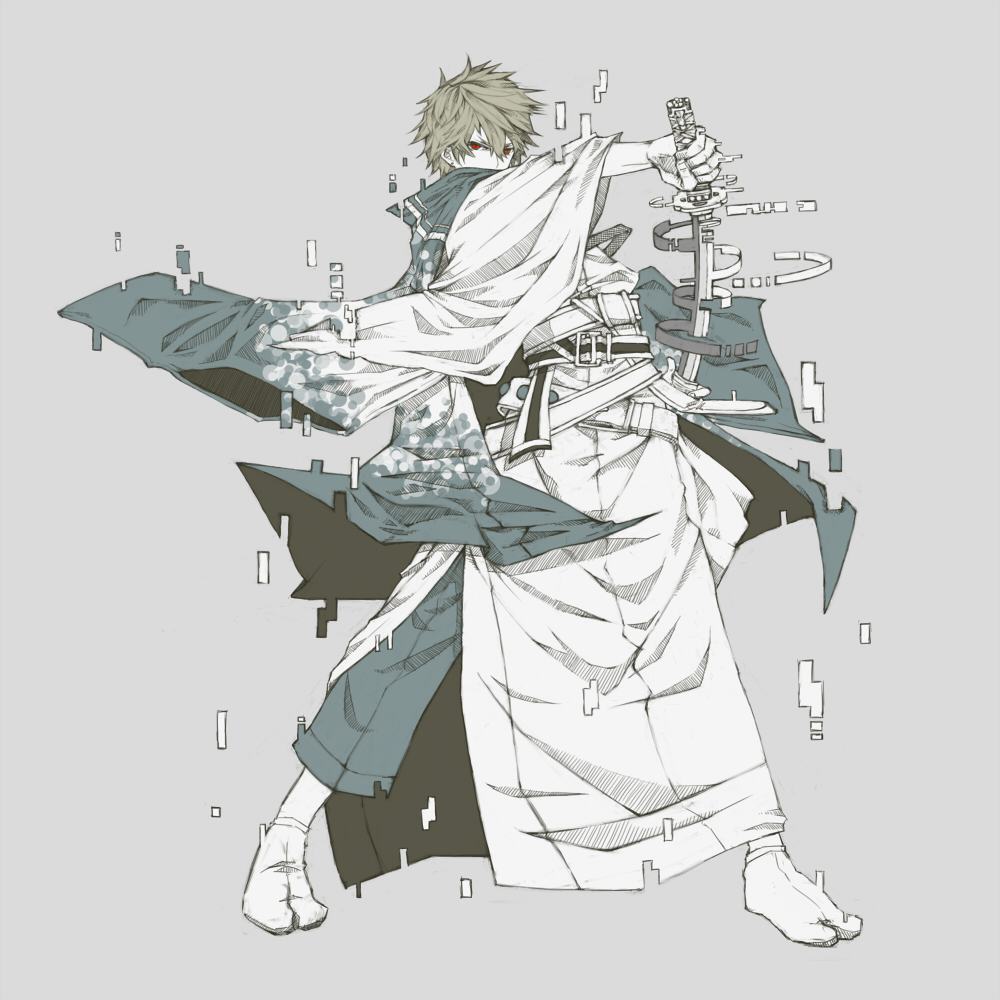 bad_id, disintegration, durarara!!, heiwajima_shizuo, japanese_clothes, kimono, kinako_(azbl801), male, red_eyes, simple_background, solo, sword, weapon