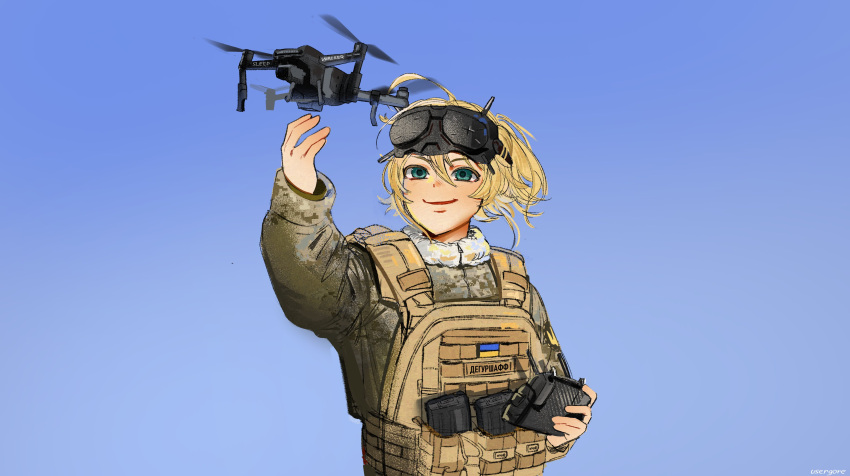 35th_marine_brigade, absurdres, ammunition_pouch, blonde_hair, blue_sky, bulletproof_vest, camouflage, camouflage_jacket