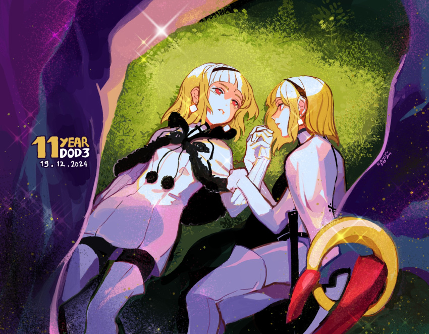 1boy, 1girl, 2024, anniversary, artist_name, black_hairband, blonde_hair, boots