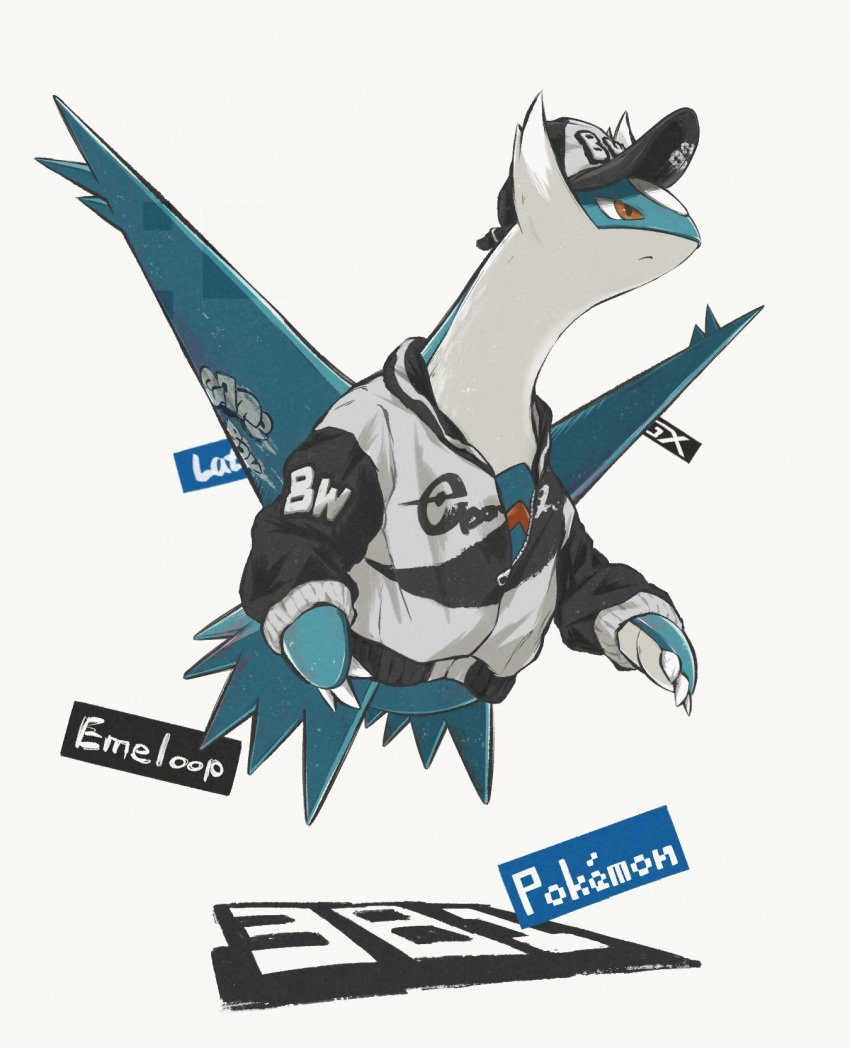 black_hat, claws, closed_mouth, clothed_pokemon, copyright_name, floating, full_body, hat
