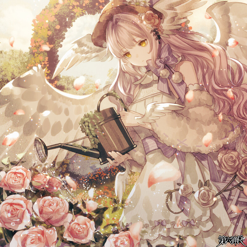 1girl, arch, bow, breasts, brown_hat, copyright_name, dairoku_ryouhei, day