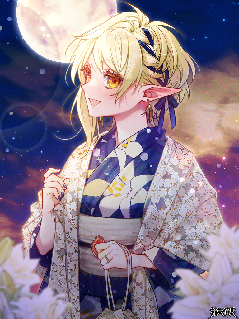 1girl, :d, blonde_hair, blue_nails, blue_ribbon, blurry, blurry_foreground, braid