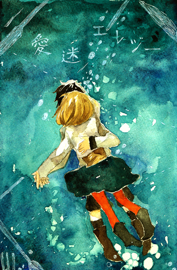 aimai_elegy, aimai_elegy_(vocaloid), black_hair, blonde_hair, boots, brown_hair, couple, deco*27