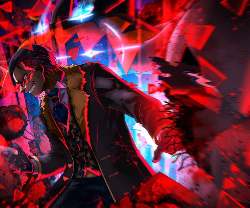 1boy, black_coat, black_gloves, black_hair, blue_necktie, coat, evil_smile, giovanni_(pokemon)
