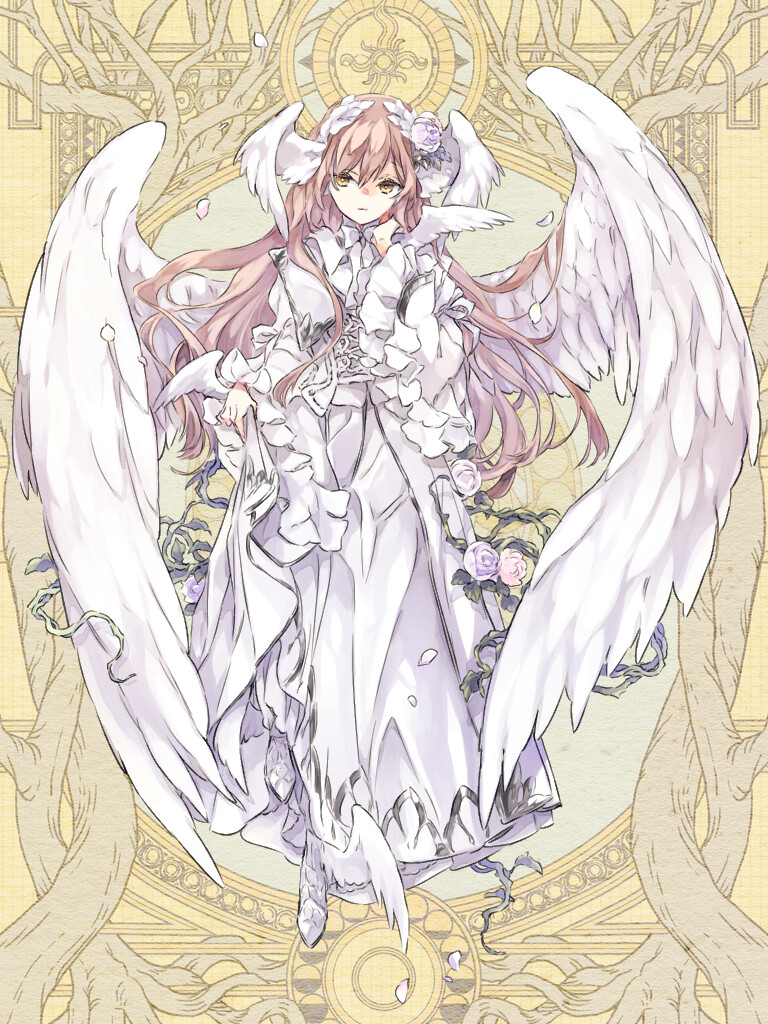 1girl, brown_hair, dairoku_ryouhei, dress, dress_flower, flower, full_body, hair_flower