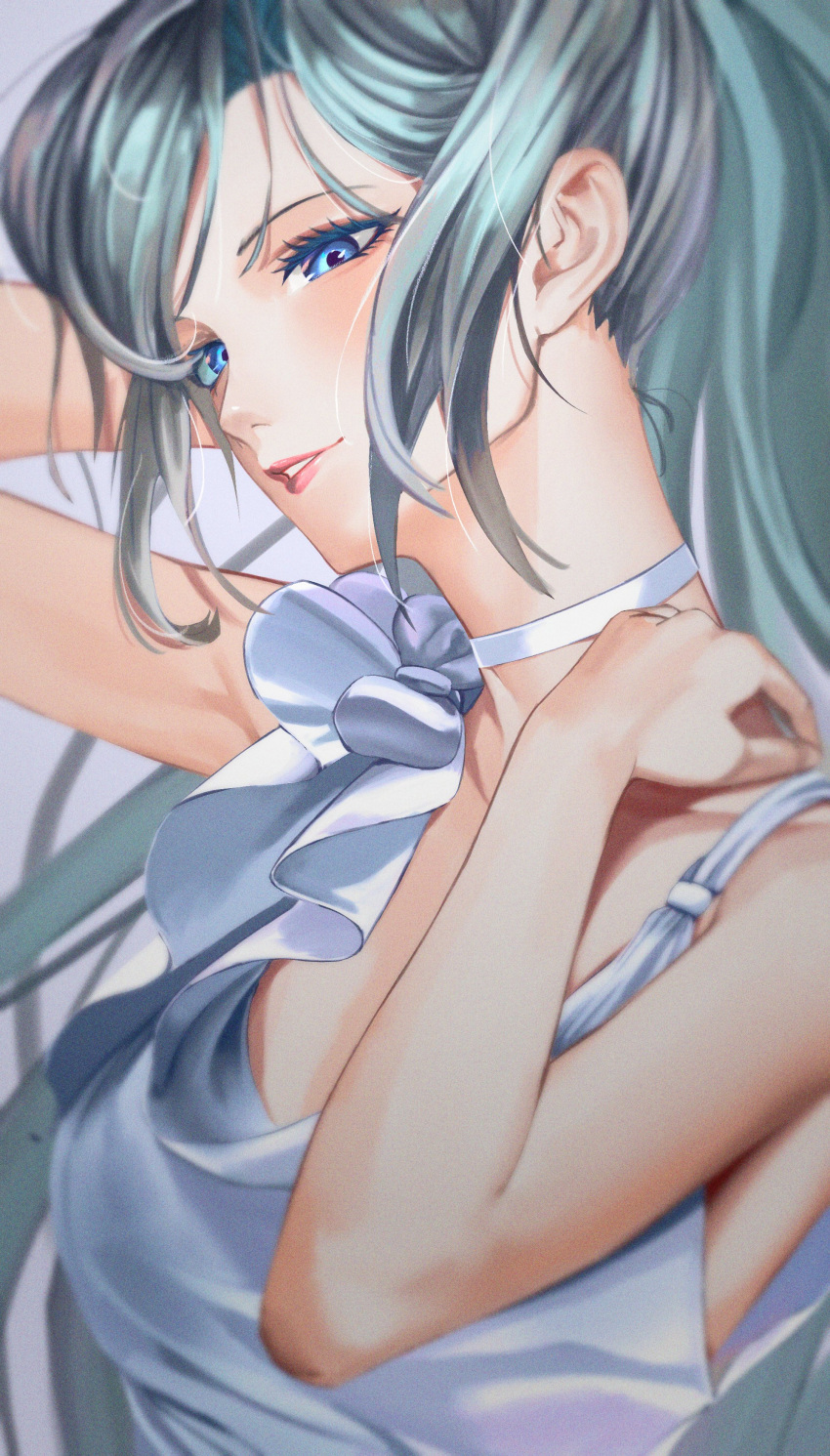 1girl, absurdres, bare_shoulders, blue_eyes, choker, d4dj, dress, eurylena