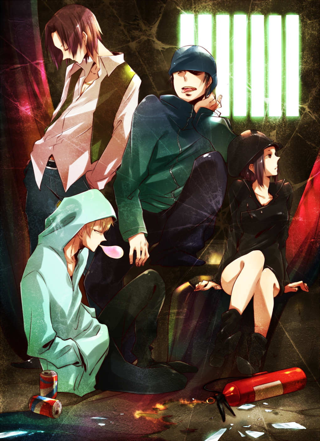 blonde_hair, brown_eyes, bubblegum, durarara!!, fire, fire_extinguisher, hands_in_pockets, hat