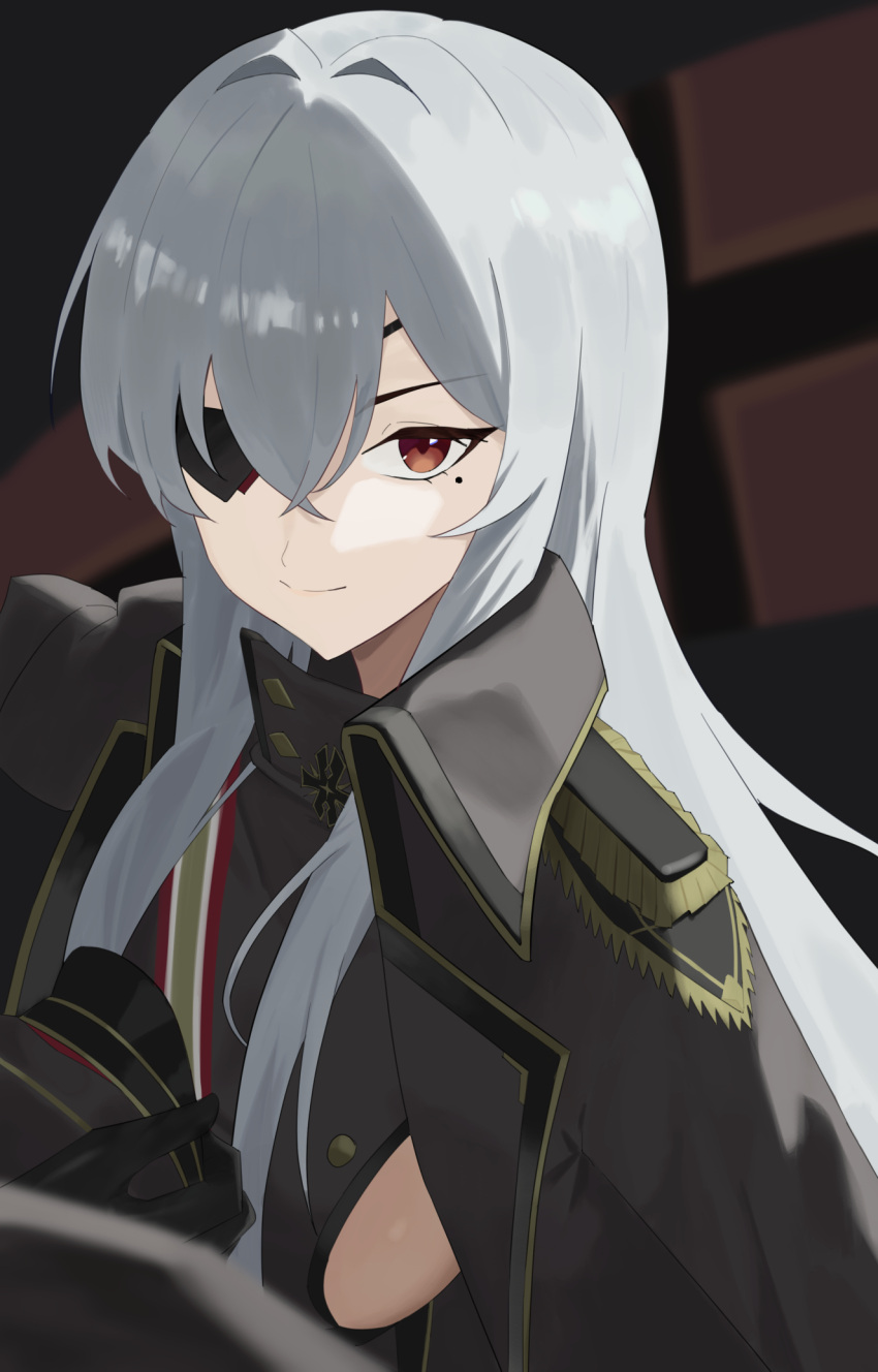 1girl, azur_lane, black_gloves, closed_mouth, crossed_bangs, epaulettes, eyepatch, fritz_rumey_(azur_lane)