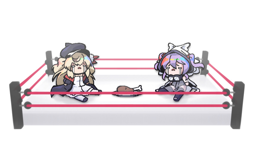 2girls, azur_lane, black_hat, black_jacket, blonde_hair, chibi, chibi_only, chicken_(food)
