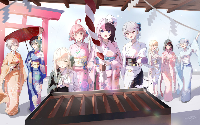 6+girls, absurdres, ahoge, aizawa_ema, asumi_sena, black_hair, blonde_hair, blue_eyes