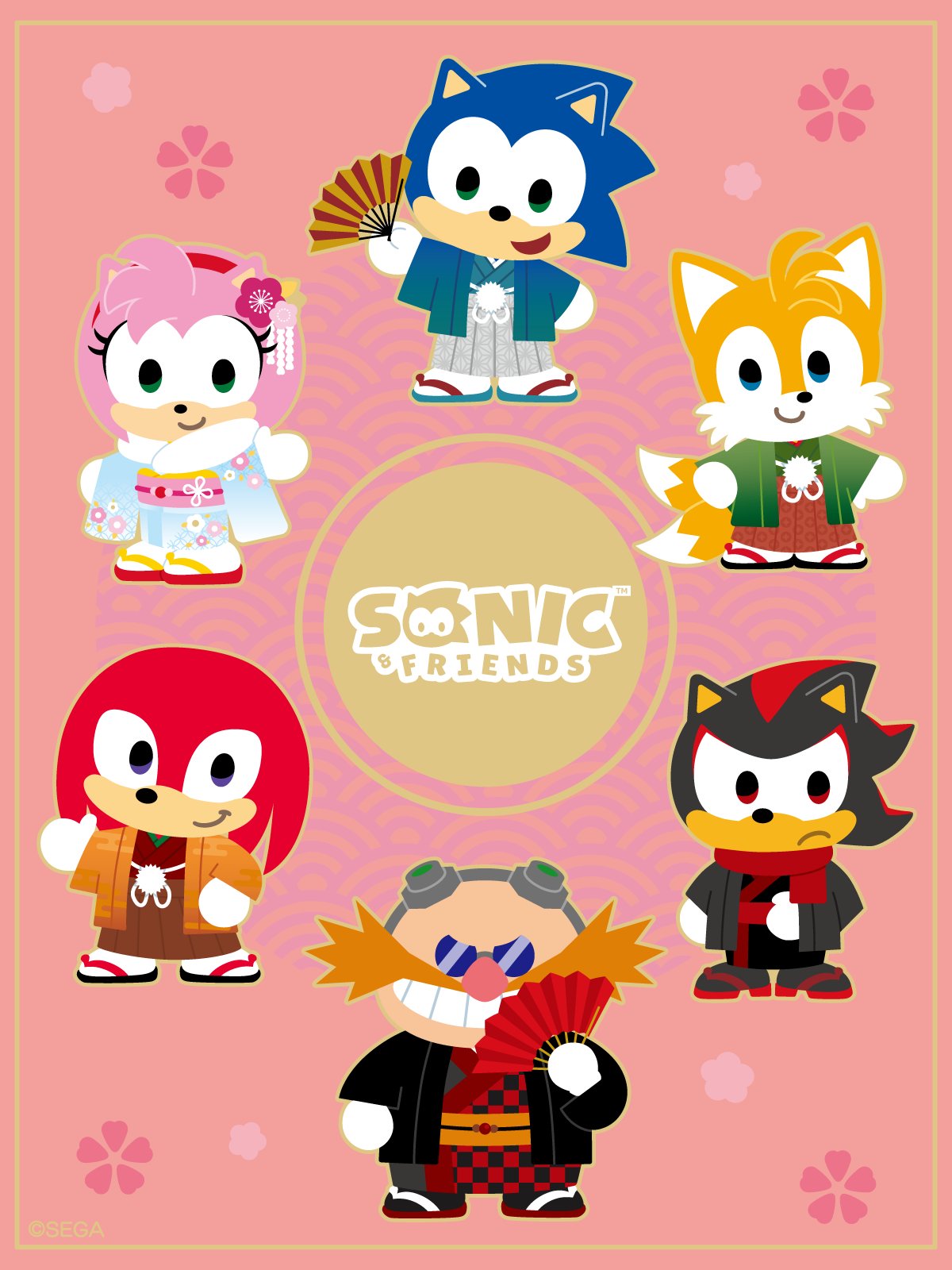 1girl, 5boys, amy_rose, asa_no_ha_(pattern), bald, black_kimono, black_socks, blue-tinted_eyewear