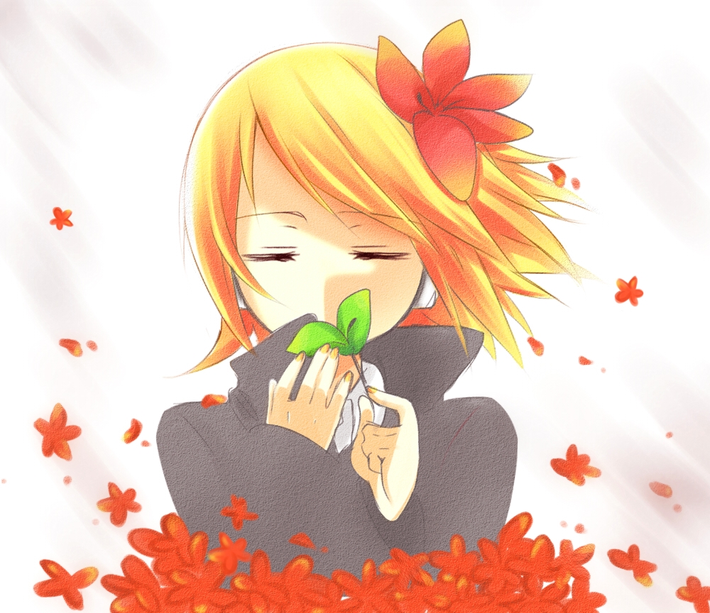blonde_hair, closed_eyes, female, flower, kagamine_rin, maigo_life_(vocaloid), short_hair, solo