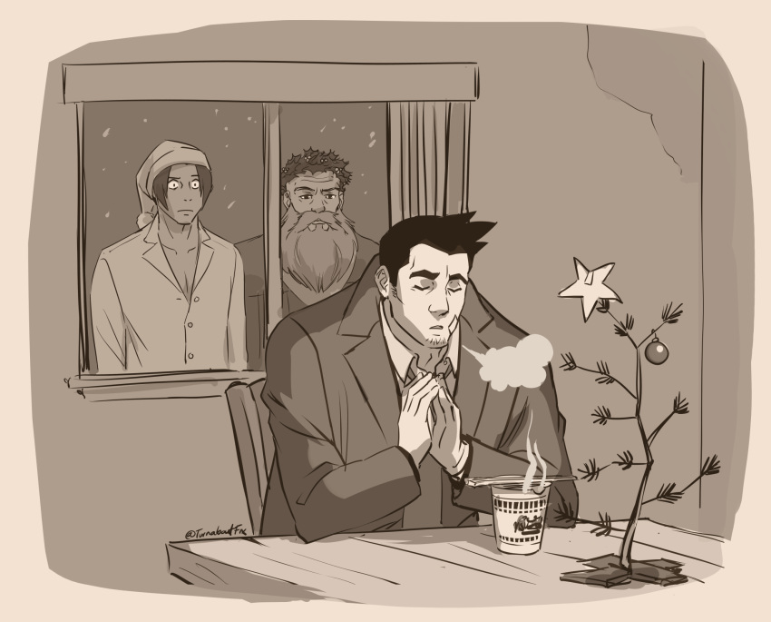 3boys, ace_attorney, artist_name, bandaid, bandaid_on_cheek, bandaid_on_face, beard, black_hair