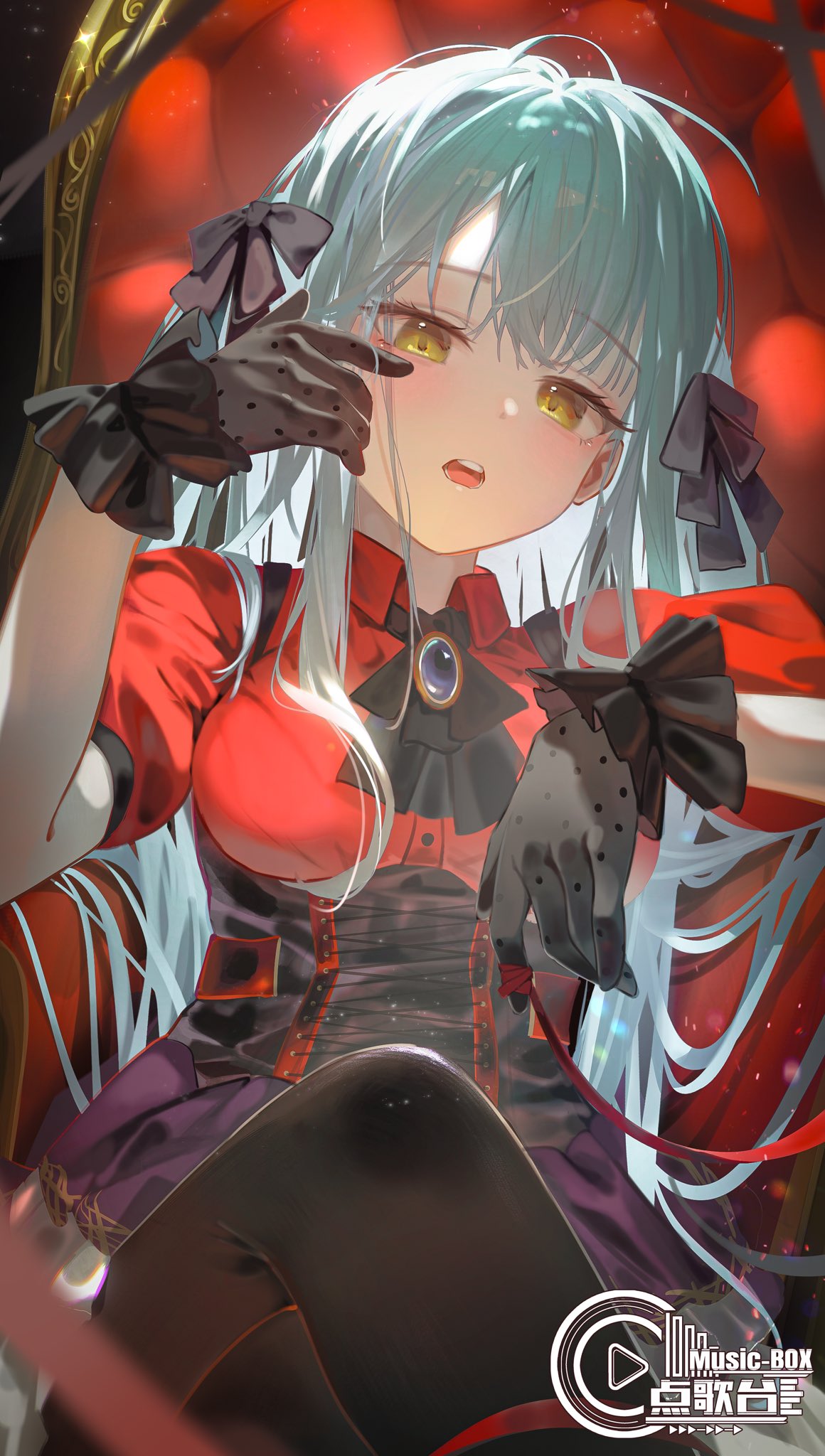 1girl, ascot, bang_dream!, bang_dream!_it's_mygo!!!!!, black_ascot, black_corset, black_gloves, black_pantyhose, black_ribbon, blue_brooch, blue_hair, chair, collared_shirt, commentary_request, corset, crossed_legs, dress_shirt, gloves, hair_ribbon, highres, light_particles, long_hair, looking_at_viewer, musicbox5555555, oblivionis_(bang_dream!), open_mouth, pantyhose, puffy_short_sleeves, puffy_sleeves, red_shirt, ribbon, shirt, short_sleeves, sidelocks, sitting, solo, teeth, togawa_sakiko, yellow_eyes