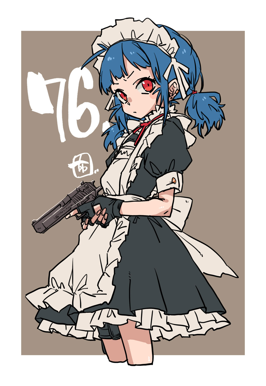 1girl, antenna_hair, apron, black_dress, black_gloves, blue_hair, border, chiwa_(fcwv5738)