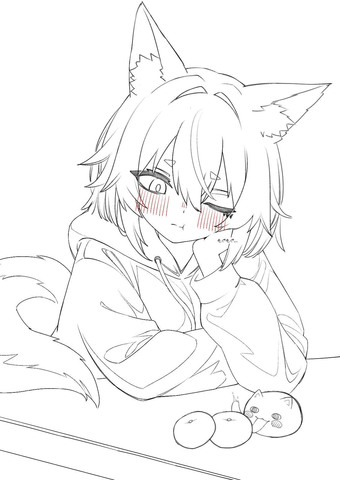 1girl, :t, animal_ears, arm_on_table, arm_support, blush, creature, food