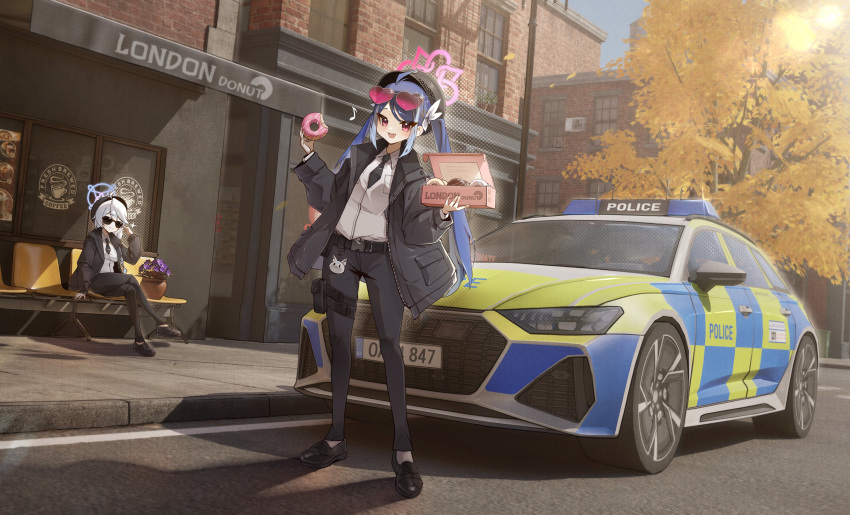 2girls, absurdres, blue_archive, car, doughnut, food, fubuki_(blue_archive), halo
