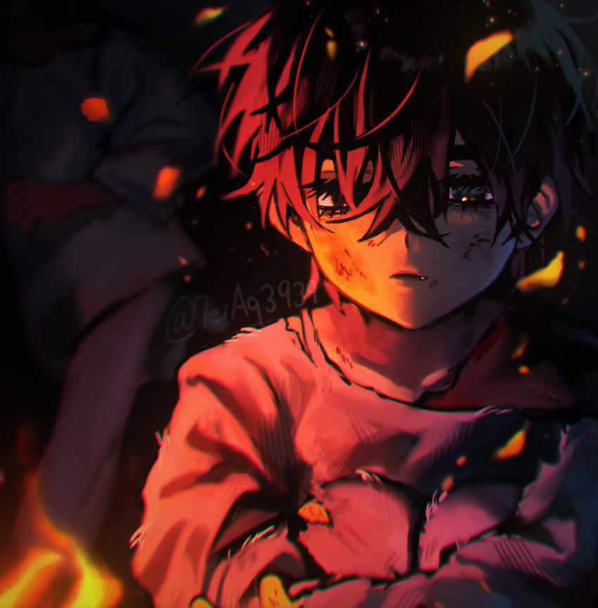1boy, 7eiaq3939, aged_down, alien_stage, artist_name, black_eyes, black_hair, commentary