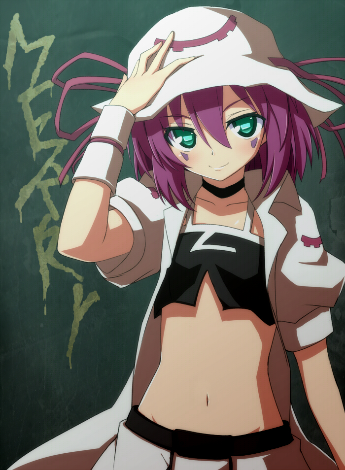 green_eyes, hat, merry_nightmare, midriff, negija, purple_hair, short_hair, solo