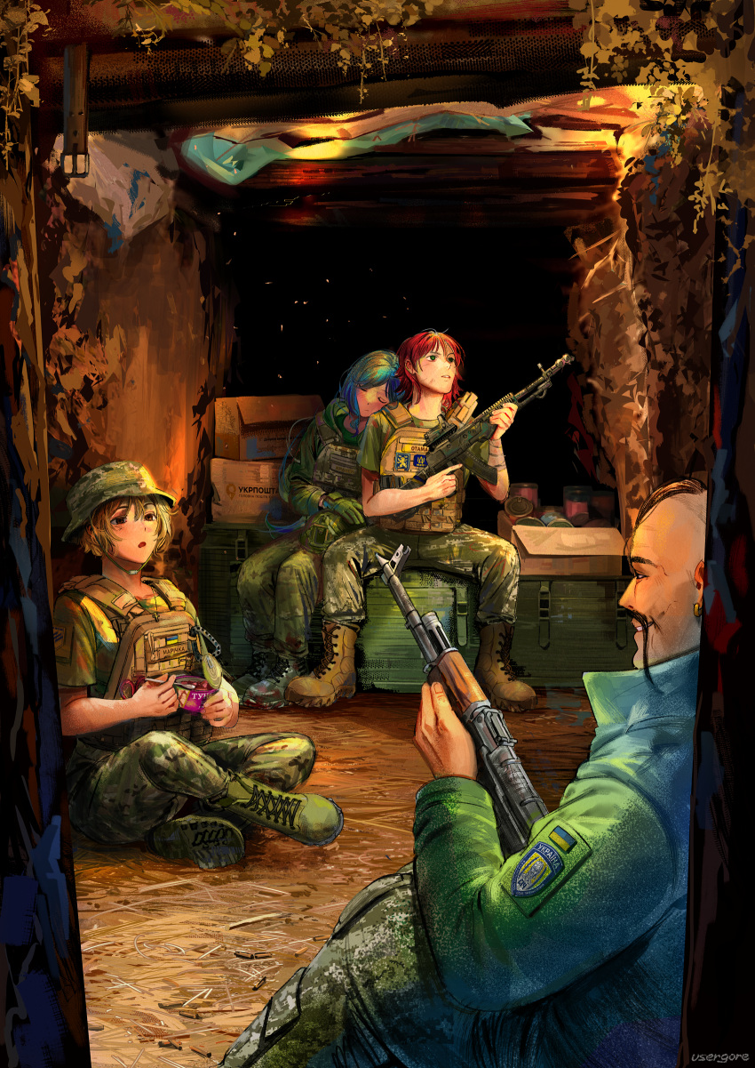 2024, 2boys, 2girls, absurdres, akm, an-94, androgynous, assault_rifle