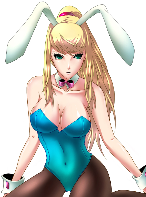 1girl, blonde_hair, blue_eyes, breasts, brown_legwear, bunny_ears, bunnysuit, cleavage