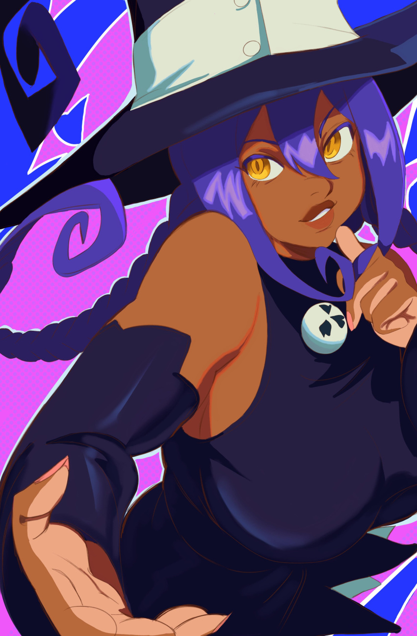 1girl, absurdres, alternate_skin_color, bare_shoulders, black_dress, black_sleeves, blair_(soul_eater), blair_(soul_eater)_(cosplay), braid, breasts, cosplay, dark-skinned_female, dark_skin, detached_sleeves, dress, fingernails, hair_between_eyes, hand_up, hat, highres, large_breasts, light-skinned_palms, light_smile, long_fingernails, long_hair, looking_at_viewer, low_twin_braids, mommyscarcass, nail_polish, outstretched_hand, parted_lips, pink_nails, purple_hair, reaching, reaching_towards_viewer, sleeveless, sleeveless_dress, slit_pupils, solo, soul_eater, twin_braids, upper_body, very_dark_skin, witch, witch_hat, yellow_eyes