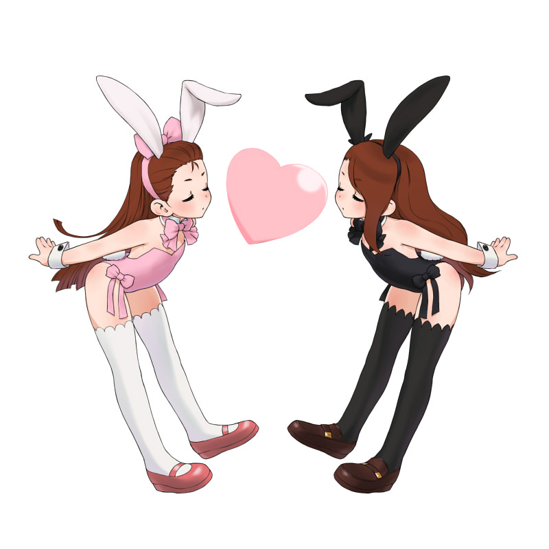 alternate_hairstyle, brown_hair, bunny_ears, bunnysuit, closed_eyes, dual_persona, eyes_closed, heart