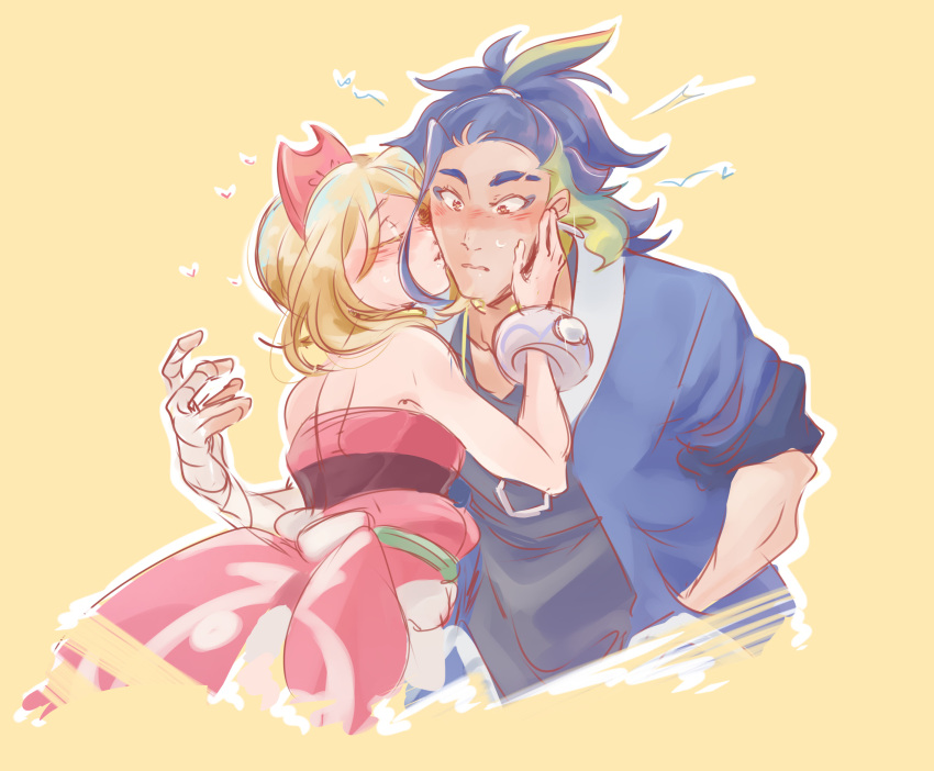 1boy, 1girl, adaman_(pokemon), anime-grimmy, arm_wrap, blonde_hair, blue_hair, blush, closed_eyes, eyebrow_cut, heart, hetero, highres, irida_(pokemon), kiss, kissing_cheek, multicolored_hair, pokemon, pokemon_legends:_arceus, two-tone_hair, yellow_background