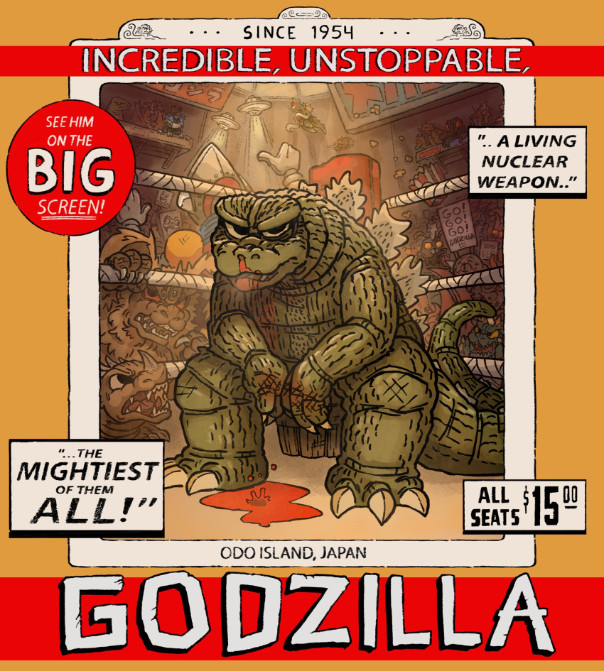 anguirus, animal_ears, antennae, ape, arm_blade, beetle, blood, blue_eyes, boxing_ring, brown_fur, brown_scales, bug, cheering, circular_saw, claws, colored_sclera, colored_skin, crowd, crowded, crystal_horns, curled_tusks, cyborg, dinosaur, dragon, dragon_horns, dragon_wings, drill, drill_hand, english_text, everyone, fangs, food, giant, giant_monster, gigan, godzilla, godzilla_(series), godzilla_vs._gigan, godzilla_vs._hedorah, godzilla_vs._king_ghidorah, godzilla_vs._spacegodzilla, godzilla_vs_megalon, gold_scales, gold_skin, gorosaurus, green_skin, hedorah, highres, horns, insect_wings, jaws, jet_jaguar, kaiju, king_caesar_(godzilla), king_ghidorah, larva, lizard, lizard_tail, long_tail, looking_at_viewer, mecha, megalon, monster, monster_focus, moth, moth_wings, mothra, multiple_heads, no_humans, nosebleed, nostrils, open_mouth, outside_border, pool_of_blood, popcorn, promo_poster, pterosaur, quaz, red_eyes, red_sclera, red_visor, robot, rodan, saw, scales, science_fiction, sea_monster, sharp_teeth, shouting, single_horn, sitting, spacegodzilla, spiked_tail, spikes, spines, spinosaurus, standing, super_robot, tail, teeth, tentacles, titanosaurus_(godzilla), toho_(film_company), tokusatsu, weapon, windshield, wings, wyvern, yellow_eyes