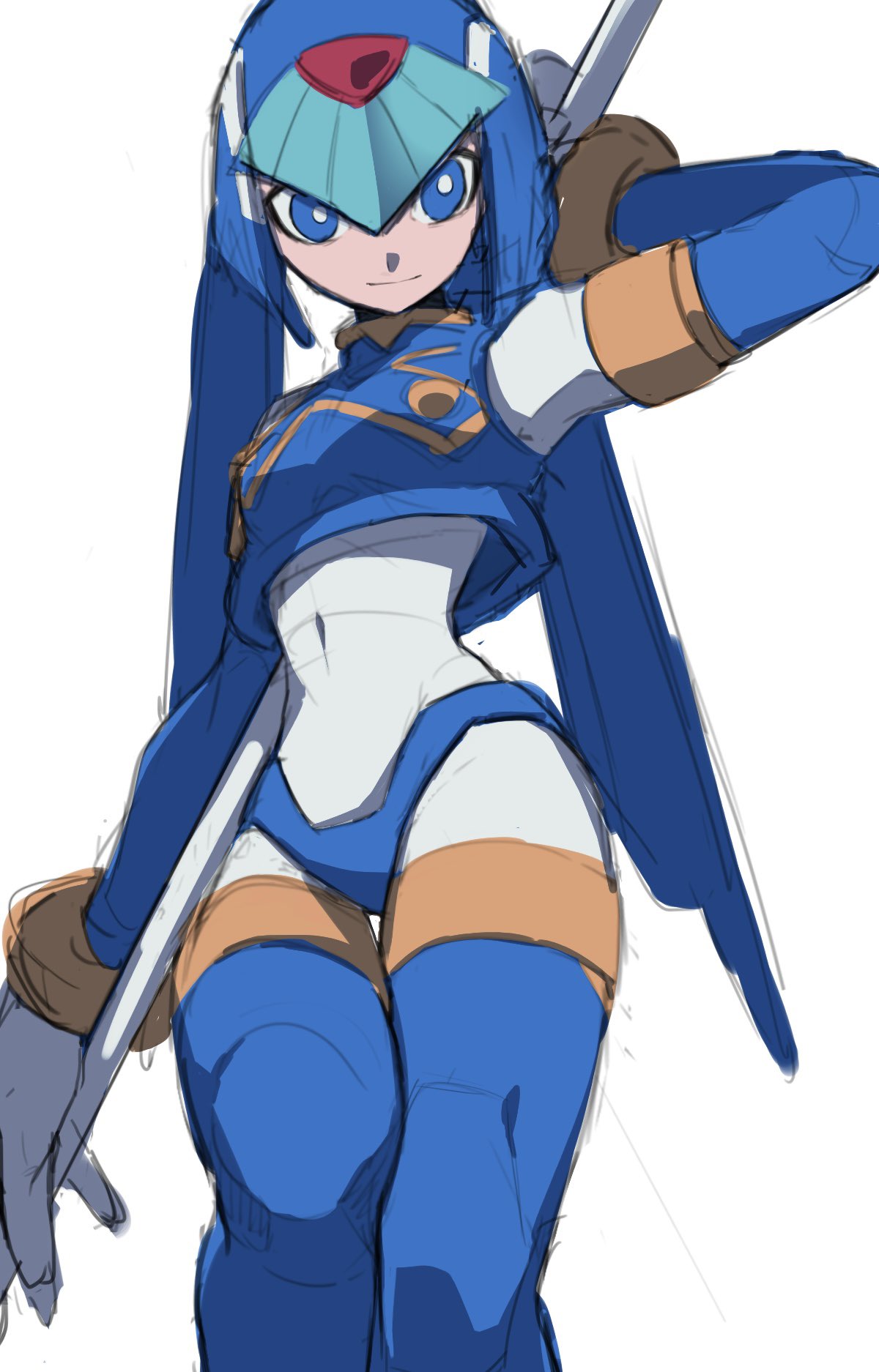 1girl, armor, blue_armor, blue_eyes, blue_helmet, cowboy_shot, fairy_leviathan_(mega_man), forehead_jewel
