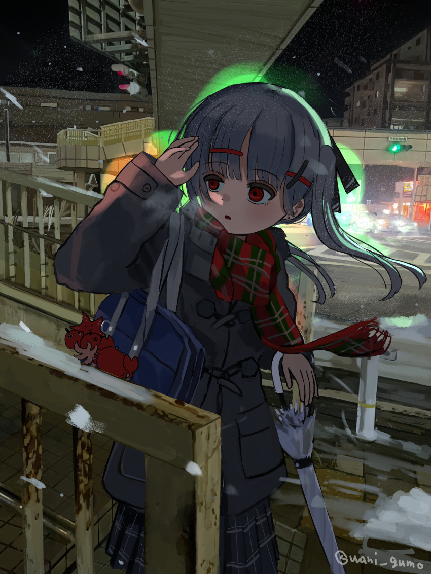 1girl, absurdres, bag, bag_charm, charm_(object), closed_umbrella, commentary_request, duffel_jacket