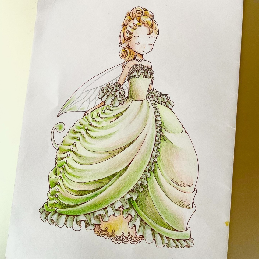 1girl, blonde_hair, cabbage, closed_eyes, closed_mouth, commentary_request, curly_hair, detached_sleeves, dress, fairy, fairy_wings, frilled_dress, frills, gown, hair_up, highres, hnrfxm, light_smile, original, painting_(medium), personification, pointy_ears, puffy_detached_sleeves, puffy_sleeves, solo, traditional_media, watercolor_(medium), wings
