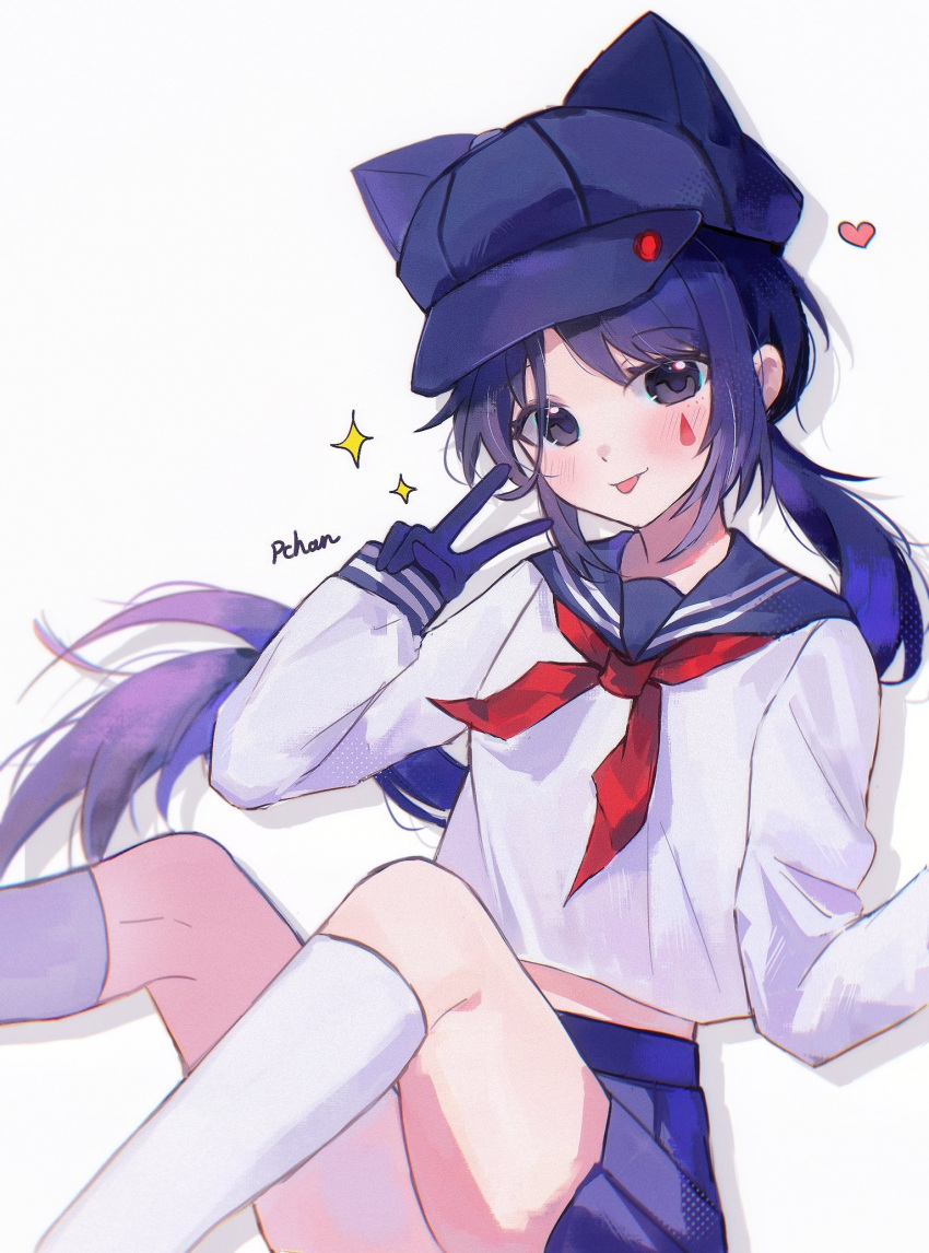 1girl, :p, artist_name, blue_eyes, blue_gloves, blue_hair, blue_hat, blue_sailor_collar, blue_skirt, blush, cool_mita_(miside), gloves, hashtag-only_commentary, hat, heart, highres, long_sleeves, looking_at_viewer, low_twintails, miside, neckerchief, pinkpink939, red_neckerchief, sailor_collar, school_uniform, shirt, skirt, socks, sparkle, teardrop_facial_mark, thighs, tongue, tongue_out, twintails, white_shirt, white_socks