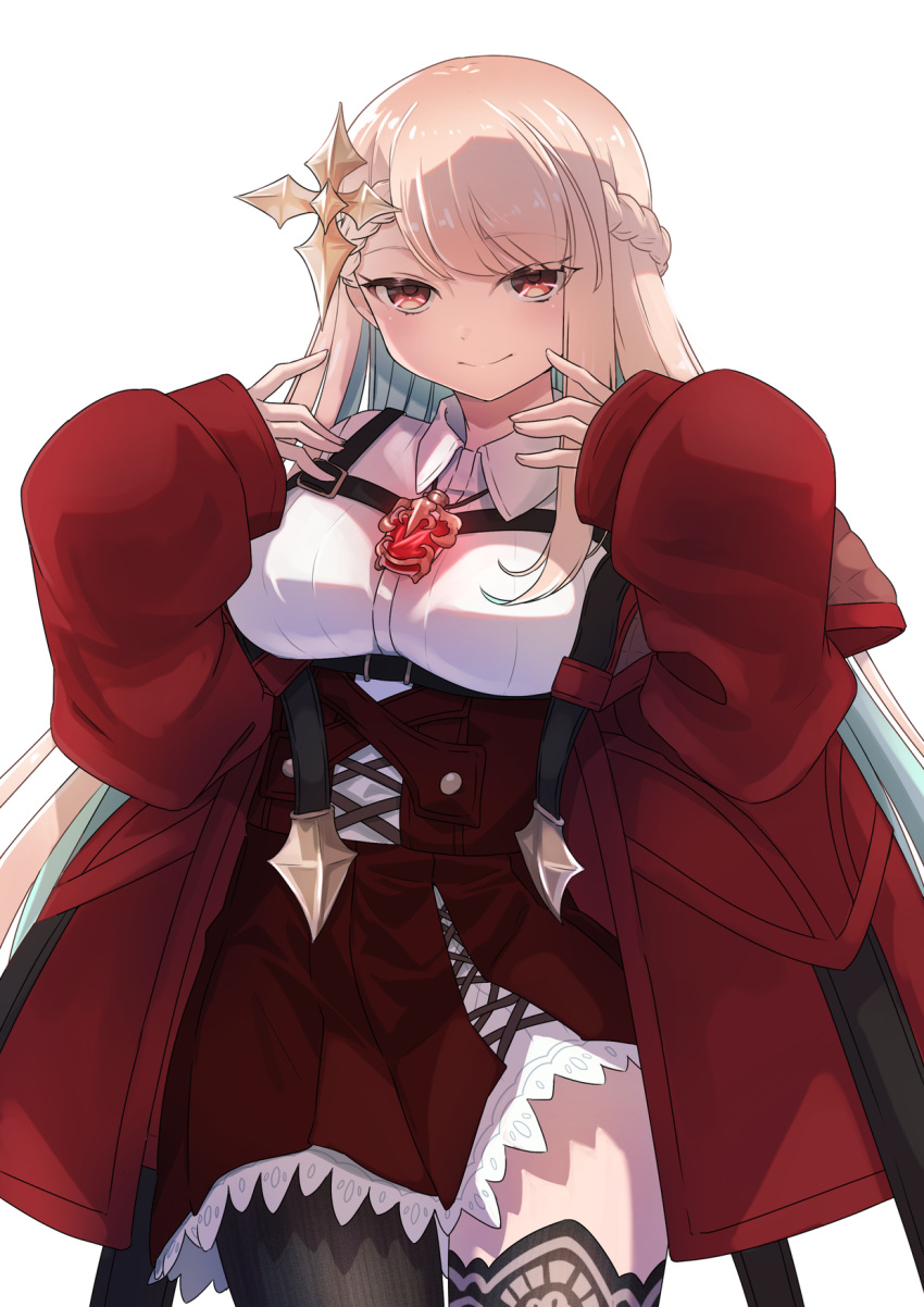 1girl, akino_saki, ashigaru_kinoko, asymmetrical_legwear, black_thighhighs, blonde_hair, braid, chest_harness, collared_shirt, commentary, copyright_request, cowboy_shot, cross-section, dot_nose, dress, frilled_dress, frills, hair_ornament, hands_on_own_face, harness, highres, jacket, jewelry, light_smile, long_hair, long_sleeves, looking_at_viewer, mismatched_legwear, off_shoulder, pendant, red_dress, red_eyes, red_jacket, shirt, side_braids, sidelocks_tied_back, simple_background, sleeves_past_wrists, solo, thigh-highs, transparent_background, underbust, virtual_youtuber, white_shirt