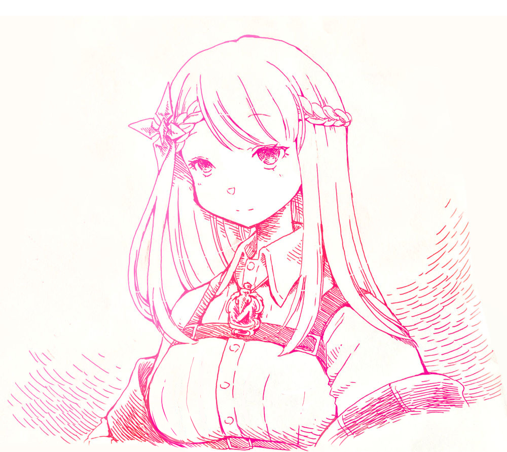 1girl, akino_saki, braid, chest_harness, collared_shirt, commentary, copyright_request, hair_ornament, harness, hnrfxm, jewelry, light_smile, long_hair, looking_at_viewer, monochrome, off_shoulder, pendant, portrait, shirt, side_braids, sidelocks_tied_back, simple_background, sketch, solo, virtual_youtuber, white_background