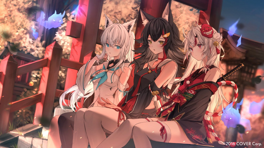 3girls, adjusting_hair, animal_ear_piercing, animal_ears, aqua_eyes, bell, black_hair, black_thighhighs