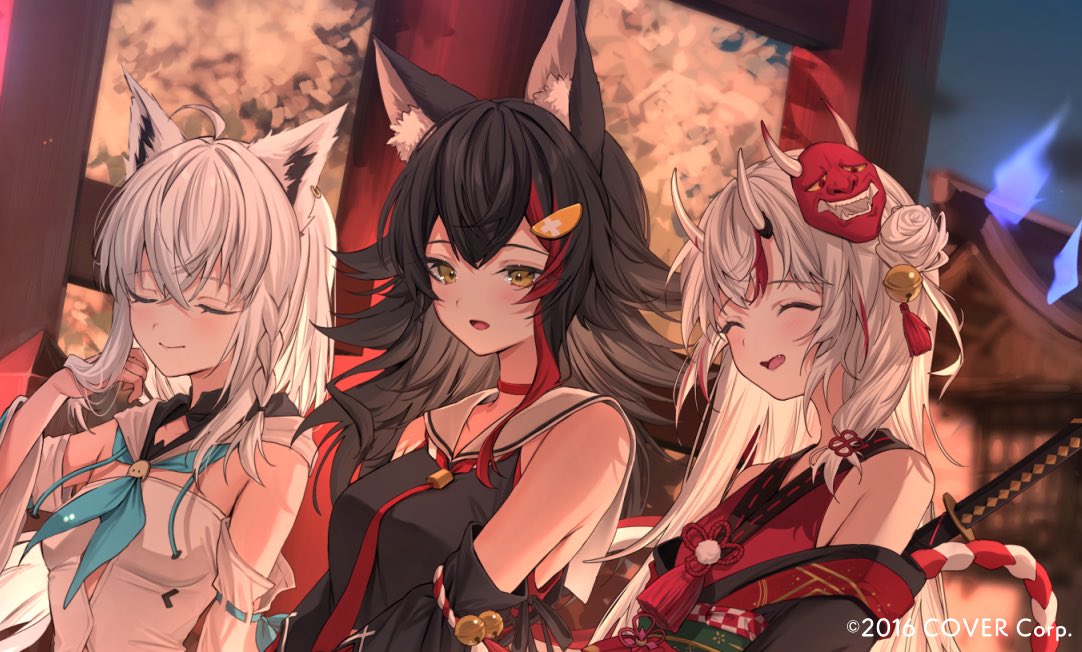 3girls, adjusting_hair, animal_ear_piercing, animal_ears, aqua_eyes, bell, black_hair, braid