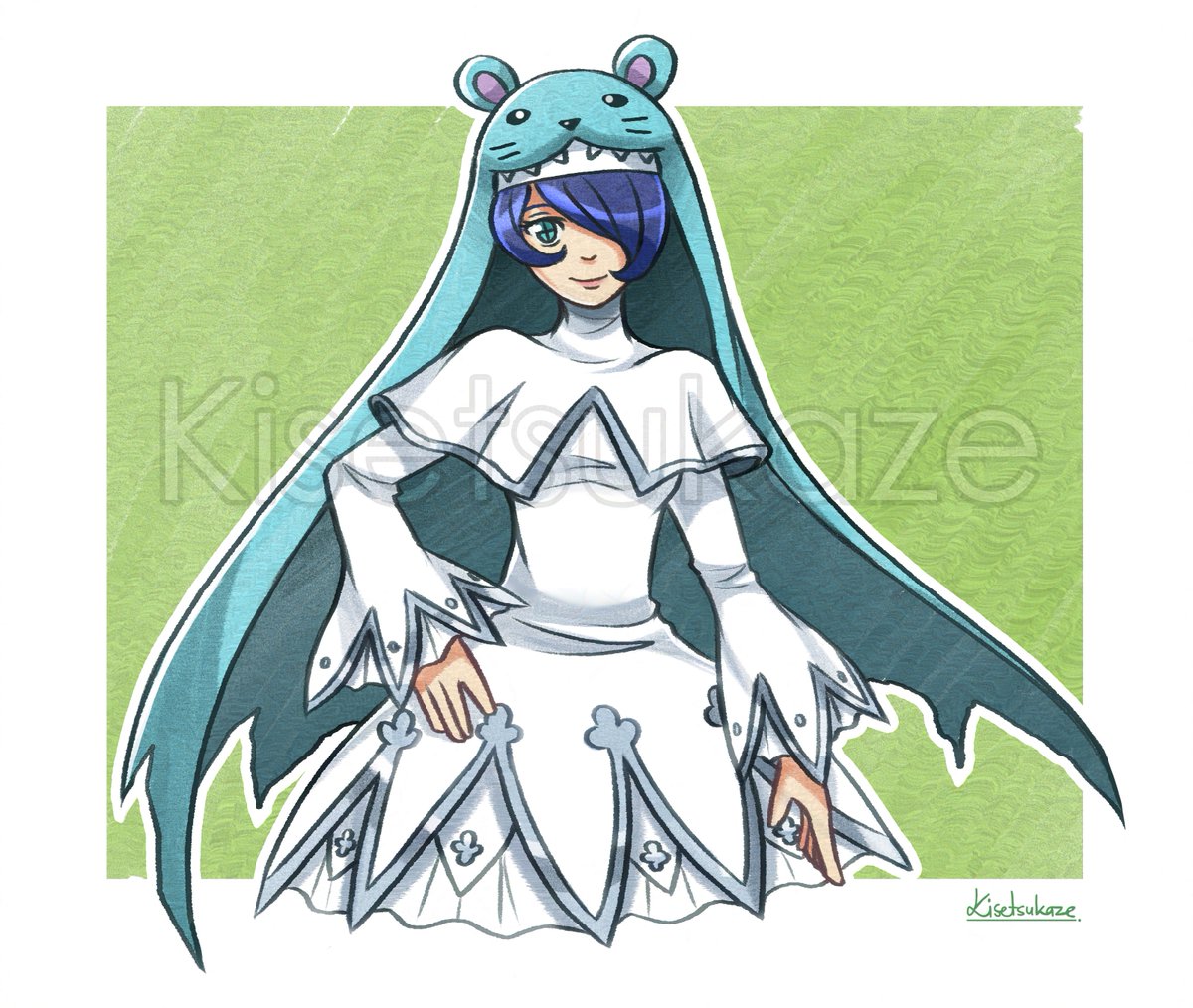 1girl, blue_hair, border, cowboy_shot, digimon, digimon_(creature), dress, green_background