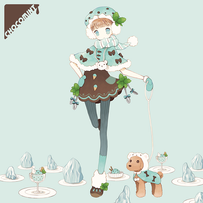 1girl, blue_eyes, bow, brown_hair, dog, earmuffs, food, food_themed_clothes
