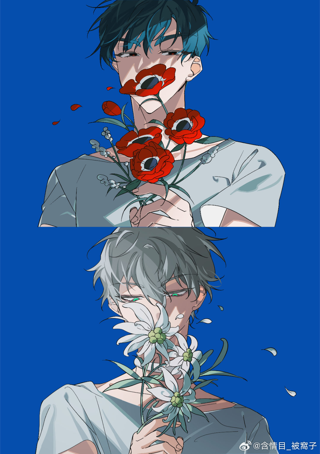 2boys, alien_stage, anemone_(flower), aqua_eyes, black_eyes, black_hair, blue_background, chinese_commentary