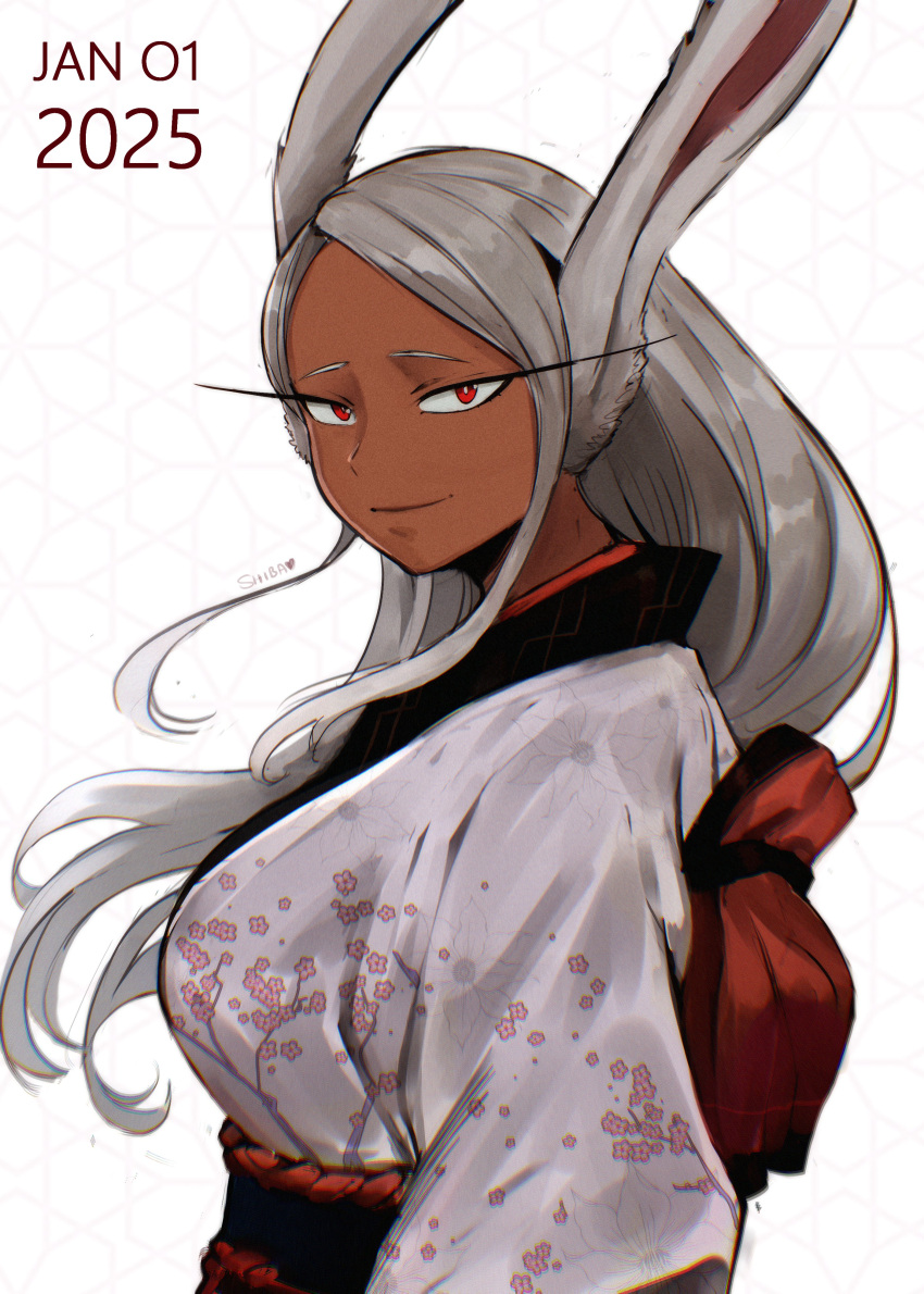 1girl, 2025, absurdres, animal_ears, artist_name, boku_no_hero_academia, breasts, cherry_blossom_print, dark-skinned_female, dark_skin, dated, english_commentary, floral_print, happy_new_year, highres, japanese_clothes, kimono, large_breasts, long_eyelashes, long_hair, looking_at_viewer, mirko, obi, parted_bangs, print_kimono, rabbit_ears, rabbit_girl, red_eyes, sash, shibbunny, smile, solo, upper_body, white_hair, white_kimono