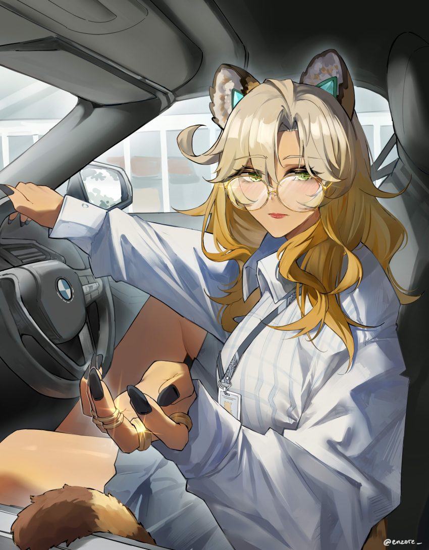 1girl, absurdres, animal_ears, black_nails, blonde_hair, car_interior, closed_mouth, collared_shirt