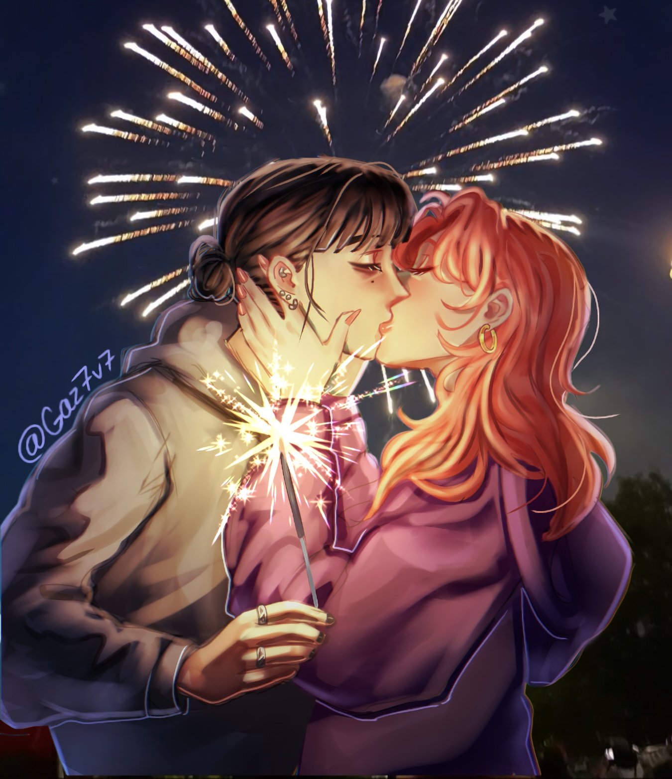 2girls, artist_name, black_hair, black_nails, closed_eyes, commentary, ear_piercing, earrings, english_commentary, fireworks, gaz7v7, grey_hoodie, hands_on_another's_head, highres, holding, holding_fireworks, hood, hoodie, hoop_earrings, jewelry, kininatteru_hito_ga_otoko_ja_nakatta, kiss, koga_mitsuki, long_hair, mole, mole_under_eye, multiple_girls, new_year, night, night_sky, oosawa_aya, piercing, pink_hair, purple_hoodie, ring, sky, sparkler, yuri