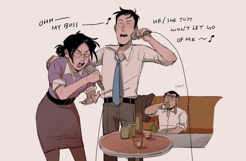 1girl, 2boys, absurdres, alcohol, belt, black_belt, black_hair, blue_necktie