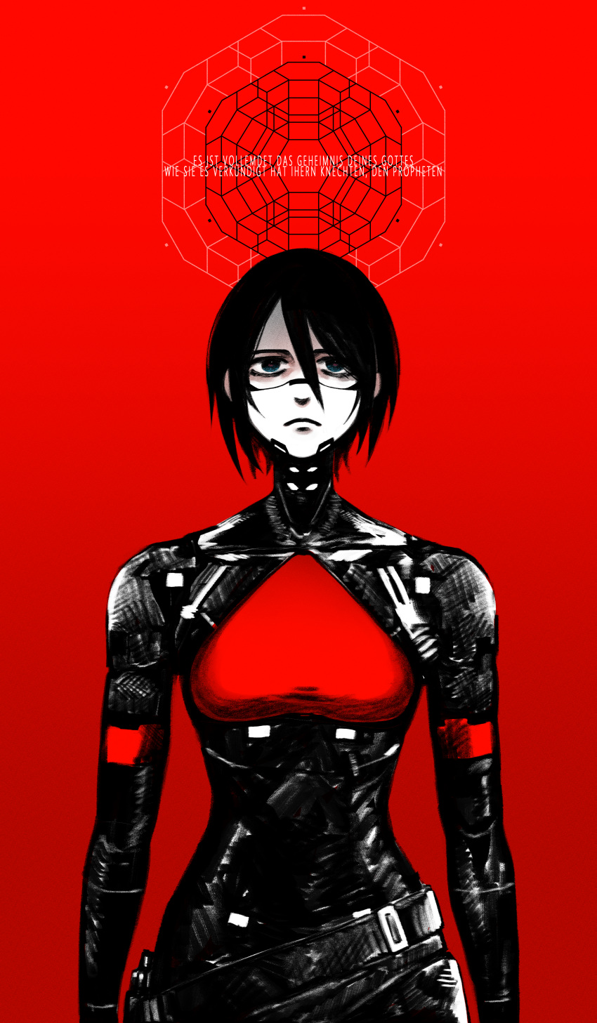 1girl, absurdres, android, belt, black_bodysuit, black_hair, blue_eyes, bodysuit