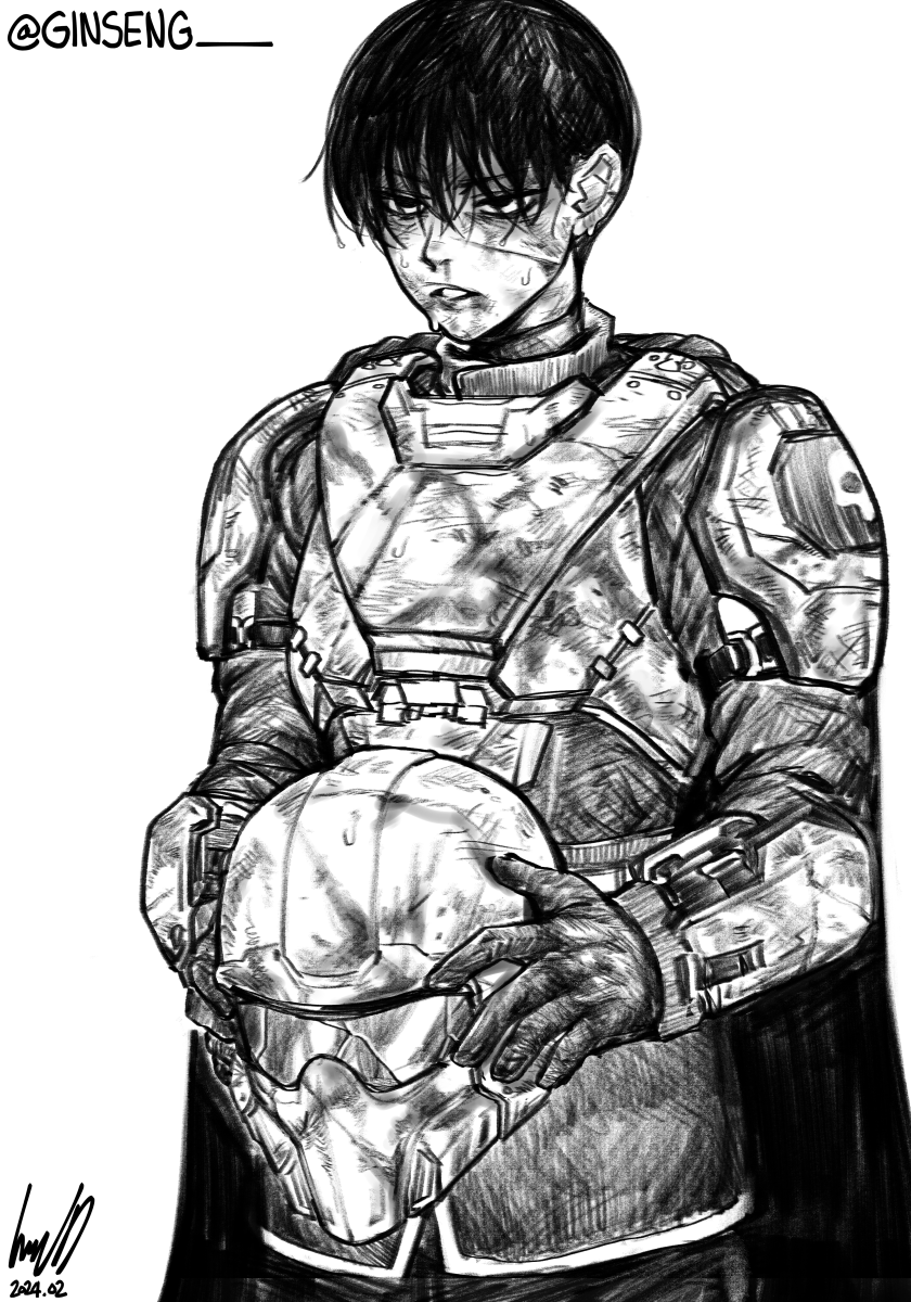 1girl, combat_helmet, dated, english_commentary, ginseng_(xin), greyscale, helldivers_(series), helmet